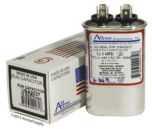 Genteq 97F5459 - 12.5 uf MFD 370 / 440 Volt VAC AmRad Oval Run Capacitor , Made in the U.S.A. in Kuwait