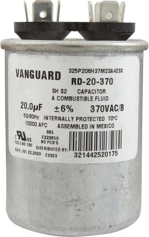 Vanguard Run Capacitor, 20 MFD, 370v, 1-3/4" x 2-7/8" in Kuwait