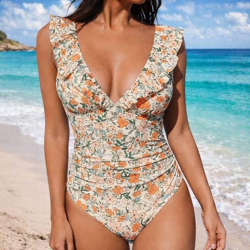 Women's Ruffled One Piece Swimsuit - Tummy Control V Neck Lace Up Back Tie Fashion Bathing Suit for Women Beach Pool Vacation in Kuwait