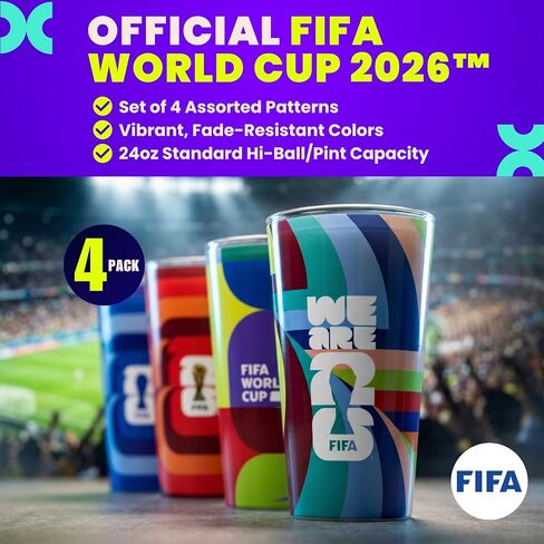كوب زجاجي إصدار كأس العالم 2026 من FIFA - 4 قطع من الزجاج المقاوم للكسر سعة 16 أونصة - هدية لهواة الجمع المعتمدين من FIFA، نصف لتر قابل للتكديس - مثالي لحفلات كرة القدم والبوابات الخلفية in Kuwait