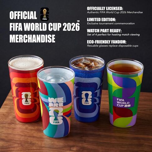 كوب زجاجي إصدار كأس العالم 2026 من FIFA - 4 قطع من الزجاج المقاوم للكسر سعة 16 أونصة - هدية لهواة الجمع المعتمدين من FIFA، نصف لتر قابل للتكديس - مثالي لحفلات كرة القدم والبوابات الخلفية in Kuwait