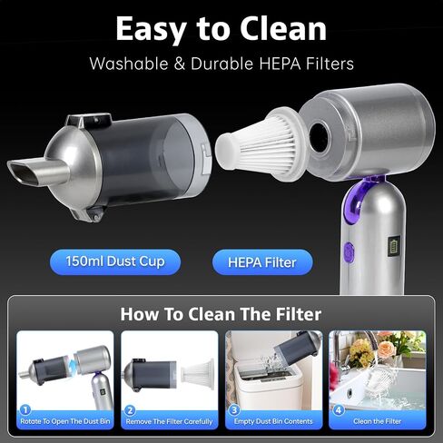 مكنسة AeroVac للسيارة V15 Pro، صائد مكنسة الحشرات، مكنسة كهربائية صغيرة محمولة باليد، 17 كيلو باسكال، مكنسة يدوية محمولة قوية، قابلة للطي 180 درجة قابلة لإعادة الشحن لشعر الحيوانات الأليفة والحشرات والعناكب والمنزل والسيارة والسفر والحديقة in Kuwait
