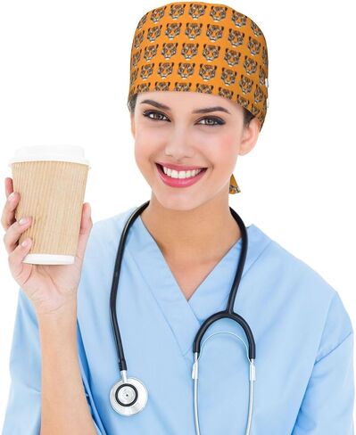 Classic Orange Tiger Print Scrub Caps Women Men, Adjustable Nurse Cap Surgical Caps Scrub Hats for Women Men, Working Cap with Buttons for Hanging Face Masks in Kuwait