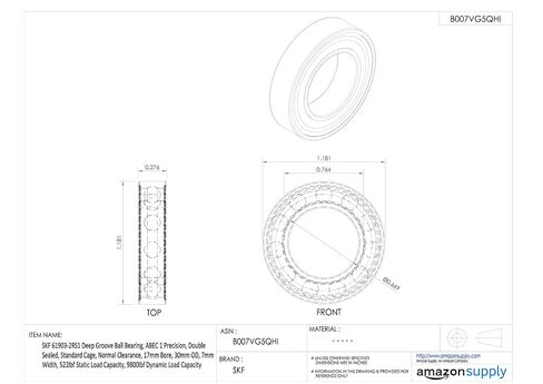 SKF 61903-2RS1 محمل كروي ذو أخدود عميق، دقة ABEC 1، مزدوج الختم، قفص قياسي، خلوص عادي، تجويف 17 مم، 30 مم OD، عرض 7 مم، سعة تحميل ثابتة 522 رطل، سعة تحميل ديناميكية 9800 رطل in Kuwait