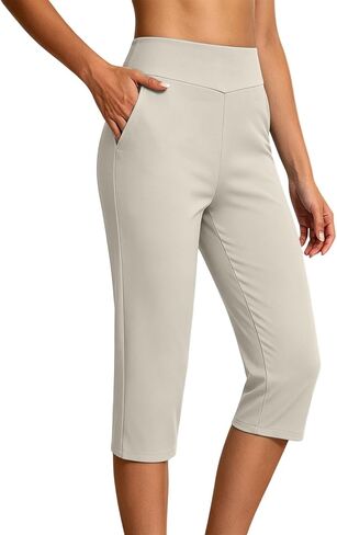 يوجا كابري بانت المرأة عالية الخصر سليم صالح تمتد Sweatpant | نسيج ماص للرطوبة، قصة كابريس مستقيمة الساق، جيوب جانبية منزلقة، مقاوم للتجاعيد لتنس الجولف in Kuwait