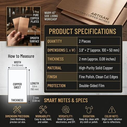 2 Pieces 99.9% Pure Copper Sheet 3.9" x 2", 2mm(0.079") | Thickness Copper Plates, Pure Copper Sheets Metal, Copper Plates for Crafts for Jewelry Making, Crafts, Repairs in Kuwait