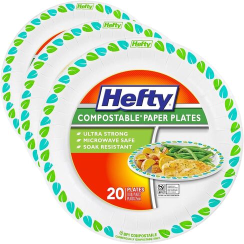 Hefty Compostable Paper Plates, 8.6 Inches, 30 Count, Patterned Disposable Plates for BBQs, Parties, Holidays, Potlucks, and Everyday, Soak-Resistant, Made with Plant-Based Materials, Microwave Safe in Kuwait