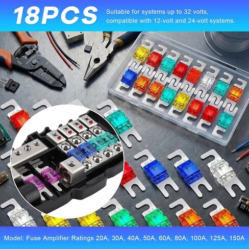 18 PCS Mini ANL Fuse, 20A/30A/40A/50A/60A/80A/100A/125A/150A Vehicle Plated Fuses Assortment, Heavy Duty 9 Sizes Blade ANL Fuse Kit for Car Audio Video Electric System in Kuwait