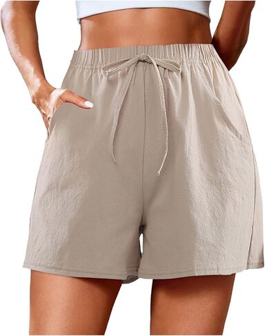 Linen Shorts for Women Casual Summer High Waidted Wide Leg Shorts with Drawstring Beach Outfits Resort Wear in Kuwait