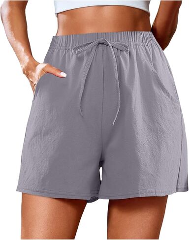 Linen Shorts for Women Casual Summer High Waidted Wide Leg Shorts with Drawstring Beach Outfits Resort Wear in Kuwait