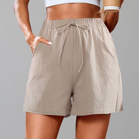 Linen Shorts for Women Casual Summer High Waidted Wide Leg Shorts with Drawstring Beach Outfits Resort Wear in Kuwait