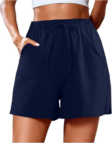 Linen Shorts for Women Casual Summer High Waidted Wide Leg Shorts with Drawstring Beach Outfits Resort Wear in Kuwait