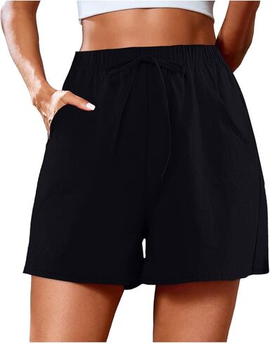 Linen Shorts for Women Casual Summer High Waidted Wide Leg Shorts with Drawstring Beach Outfits Resort Wear in Kuwait