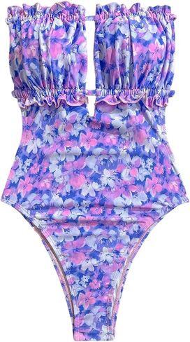 Verdusa Women's Floral Sexy One Piece Swimsuit Boho Tie Backless Strapless Bathing Suit Vacation Outfits in Kuwait