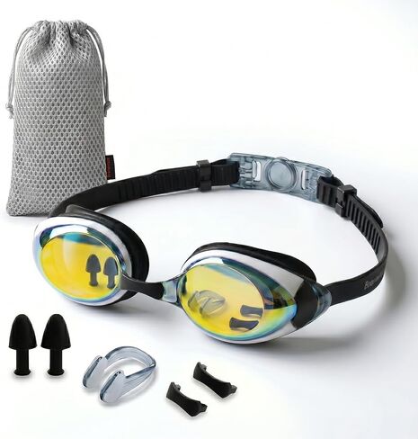 Braventure Anti-Fog Swim Goggles for Adults With Mirrored UV400 | No Leak Silicone Seal, Quick-Release Strap, Lap Swimming, Pool & Open Water, Nose Clip & Earplugs Included in Kuwait