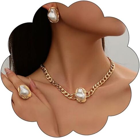 3 Pcs Gold Baroque Pearl Necklace Ring Earrings For Women Simple Gold Big Baroque Earrings Delicate Djustable Irregularity Big Pearl Finger Ring Fashion Wedding Jewelry For Women in Saudi Arabia