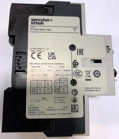 SPRECHER & SCHUH KTA9-32S-16A 10 HP MAX.، 10-16 A، 3-Phase، 575 V MAX.، مغناطيسي حراري/ثابت قابل للتعديل، قاطع دائرة، إطلاق مغناطيسي @ 224 A، حماية المحرك، سلسلة KTA9 in Kuwait