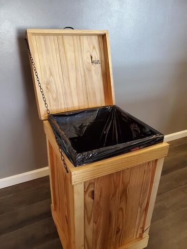 30 Gallon Rustic Wood Large Capacity Kitchen Trash Can, Garbage Bin with Lid, 18in x18in x 29in, Hinged Lid, Golden Oak in Kuwait
