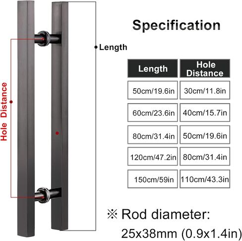 Sliding Barn Door Shower Door Black Square Commercial Door Handle, 20 23 31 47 59 Inch Lenght Sliding Door Handle For Indoor Outdoor Glass/Wood/Metal Gate Push Pull(Black-80Cm/31.4In) Door Handle in Kuwait