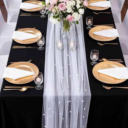 Set of 6 Pearl Table Runners 10ft White Tulle Fabric Lace Table Runners 30 x 120 Inch Birthday Party Dining Tables Cover for Wedding Party Baby Shower Birthday Home Decor, White in Kuwait