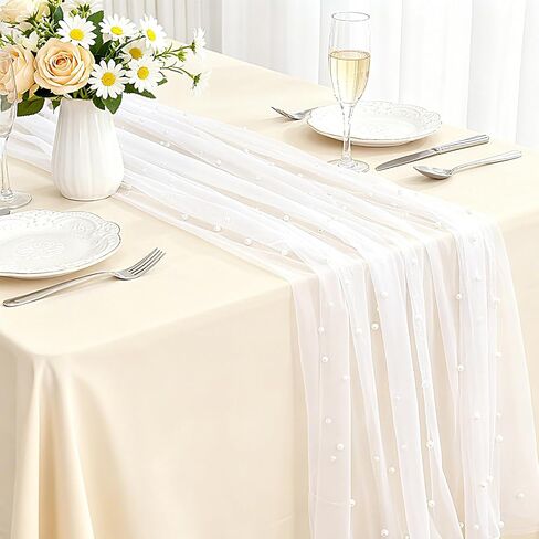 Set of 6 Pearl Table Runners 10ft White Tulle Fabric Lace Table Runners 30 x 120 Inch Birthday Party Dining Tables Cover for Wedding Party Baby Shower Birthday Home Decor, White in Kuwait