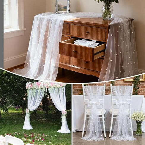 Set of 6 Pearl Table Runners 10ft White Tulle Fabric Lace Table Runners 30 x 120 Inch Birthday Party Dining Tables Cover for Wedding Party Baby Shower Birthday Home Decor, White in Kuwait
