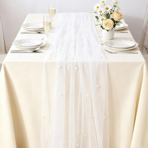 Set of 6 Pearl Table Runners 10ft White Tulle Fabric Lace Table Runners 30 x 120 Inch Birthday Party Dining Tables Cover for Wedding Party Baby Shower Birthday Home Decor, White in Kuwait