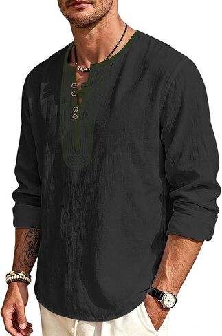 Mens Linen Shirts Henley T-Shirts Long Sleeve Tops Casual Beach T-Shirts Yoga Shirts for Men in Saudi Arabia