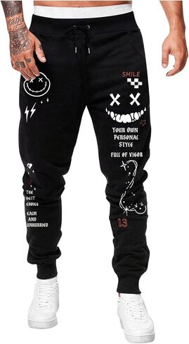Men's Graphic Sweatpants Drawstring Elastic Waist Trousers with Pockets in Kuwait