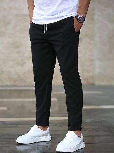 Casual Pants Mens Drawstring Elastic Waist Breathable Slim Fit Tapered Leg Outdoor Walking Comfy Soft Long Trousers in Kuwait