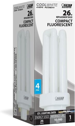 لمبة إضاءة Feit Electric 26 وات PLT CFL، قاعدة GX24Q-3 ذات 4 دبابيس، 1600 لومن، 4100 كلفن أبيض بارد، لمبة فلورسنت مدمجة على شكل PL للأغراض العامة وإضاءة المهام، عمر 10,000 ساعة، PLT26E/41 in Kuwait