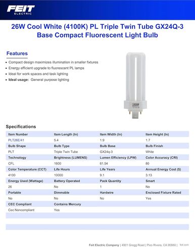 لمبة إضاءة Feit Electric 26 وات PLT CFL، قاعدة GX24Q-3 ذات 4 دبابيس، 1600 لومن، 4100 كلفن أبيض بارد، لمبة فلورسنت مدمجة على شكل PL للأغراض العامة وإضاءة المهام، عمر 10,000 ساعة، PLT26E/41 in Kuwait