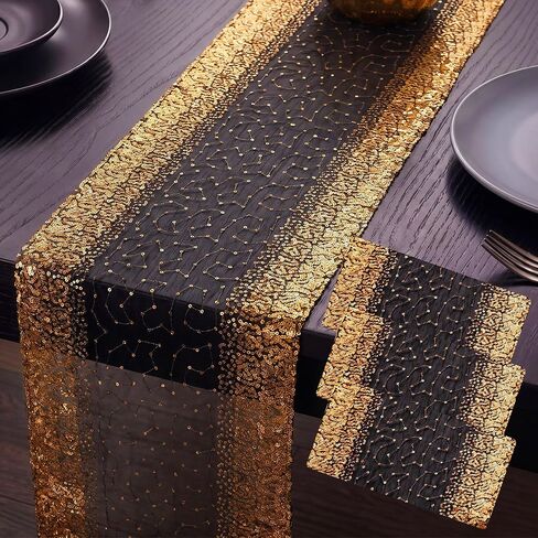 3 قطع من Peryiter ديكورات مفارش الطاولة من العشرينيات مقاس 30.48 × 108 بوصة، مفرش طاولة رائع باللونين الأسود والذهبي مقاس 20 بوصة، شريط ترتر قابل لإعادة الاستخدام لحفلات الزفاف العتيقة في عشرينيات القرن العشرين in Kuwait