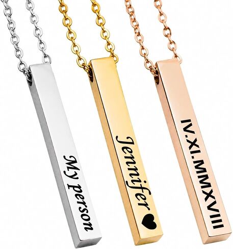 Personalized bar necklace for women, custom engraved stainless steel name plate necklace gift gold, silver and rose gold for mothers day, coordinates, dates, roman numeral, friendship, christmas in Saudi Arabia