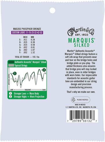 Martin Authentic Acoustic® Marquis® Silked Guitar Strings – Phosphor Bronze, Custom Light Gauge | Warm, Balanced Tone with Bridge Protection | Silk-Wrapped Ball Ends in Kuwait