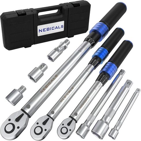 9PCS Torque Wrench Set 1/4 20-220 Inlb,3/8 5-45 &1/2 10-170 Ftlb,6 extension bar&adapter,±3% Accuracy,72 T,Dual Scale,Chrome plated, anti-rust,not scratch&wear-resistant than Black,DIY,car,bike&truck in Kuwait