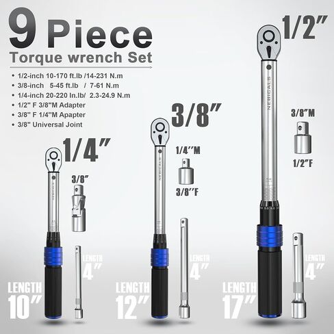 9PCS Torque Wrench Set 1/4 20-220 Inlb,3/8 5-45 &1/2 10-170 Ftlb,6 extension bar&adapter,±3% Accuracy,72 T,Dual Scale,Chrome plated, anti-rust,not scratch&wear-resistant than Black,DIY,car,bike&truck in Kuwait