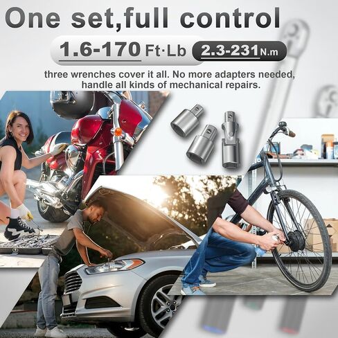 9PCS Torque Wrench Set 1/4 20-220 Inlb,3/8 5-45 &1/2 10-170 Ftlb,6 extension bar&adapter,±3% Accuracy,72 T,Dual Scale,Chrome plated, anti-rust,not scratch&wear-resistant than Black,DIY,car,bike&truck in Kuwait