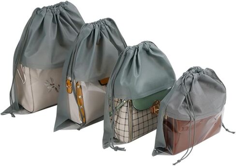 4pcs ​Drawstring Dust Bags with Clear Window, Grey Dust Covers for Handbags Purses Storage, 4 Sizes Travel Organizer​, Grey in Kuwait