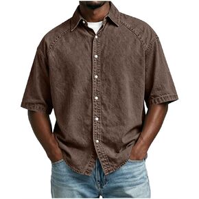 Mens Button Down Shirts Short Sleeve Collared T-Shirt Lightweight Loose Fit Shirts Summer Casual Solid Color Shirt in Kuwait
