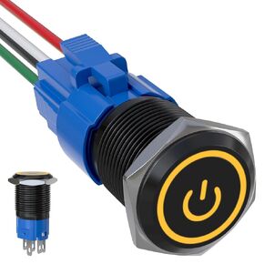 16mm Latching Push Button Switch 5A 12V Power Symbol LED Ring SPDT | Metal Switch, Socket Plug, 1NO1NC, ON/Off, Stainless Steel, IP65 Waterproof, Red LED Light, Black Shell in Kuwait