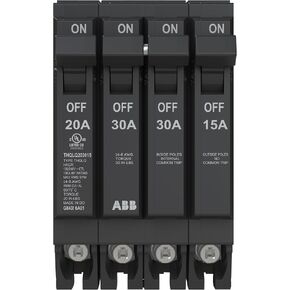 ABB Q-Line® THQLQ203015 Quad Circuit Breaker • 20A/1P, 30A/2P, 15A/1P Configuration • 120/240 VAC • 10 kAIC Interrupt Rating • Thermal Magnetic Plug-On Breaker for Load Centers in Kuwait