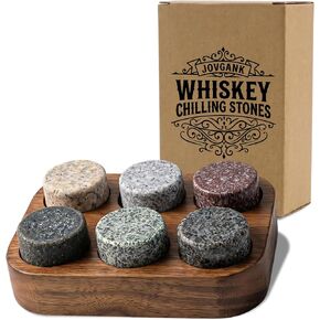 JOVGANK Granite Whiskey Stones Set of 6 with Wood Tray - Reusable Whisky Chilling Rocks for Scotch, Bourbon, Cocktails - Cool Drinks Without Dilution, Perfect Bar Accessories & Gift for Men in Kuwait