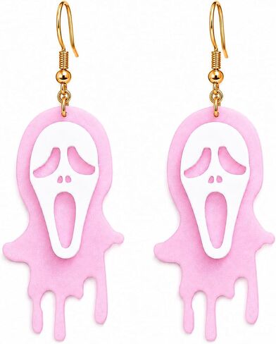 Halloween Earrings for Women Skull Dangle Earrings Pink Drop Jewelry Spooky Scream Halloween Costume Accessories for Party Outfits Festive Trendy Jewelry Gifts in Saudi Arabia