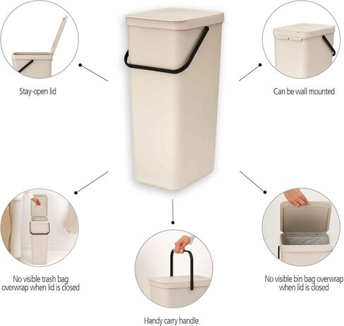 Brabantia Sort & Go Recycle Bin 10.6 Gallon/40L (Soft Beige), Space-Efficient Recycle Container with Handle, Kitchen Garbage Can with Removable, Stay-Open Lid, Easy-to-Clean Trash Can for Kitchen in Kuwait