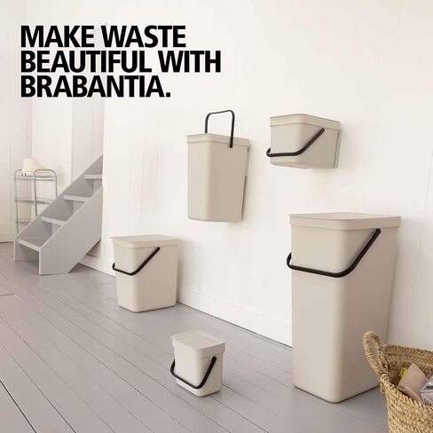 Brabantia Sort & Go Recycle Bin 10.6 Gallon/40L (Soft Beige), Space-Efficient Recycle Container with Handle, Kitchen Garbage Can with Removable, Stay-Open Lid, Easy-to-Clean Trash Can for Kitchen in Kuwait