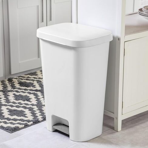 Large Kitchen Trash Can, 11.9 Gallon Plastic Garbage Bin with Step Lid, White, Hands-Free Foot Pedal in Kuwait