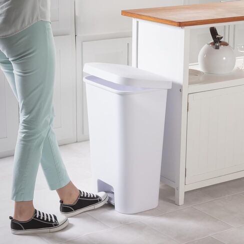 Large Kitchen Trash Can, 11.9 Gallon Plastic Garbage Bin with Step Lid, White, Hands-Free Foot Pedal in Kuwait