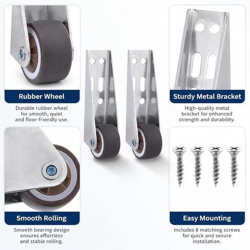2 PCS Low Profile Casters, Rubber Low Profile Caster Wheels, Non-Slip Side Mount Caster Wheels for Room Door, Storage Box, Underbed Drawer, Cabinet,Bookcase(Silver, 0.8") in Kuwait