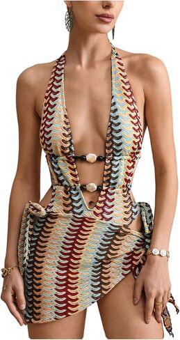 SOLY HUX Women's One Piece Swimsuit Deep V Neck Halter Crochet Striped Bathing Suit Vacation Swimwear with Cover Up Skirt in Kuwait